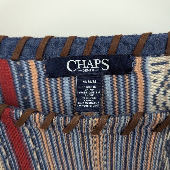 Chaps Denim Sweater M Multicolor Stripe Boho Top 3/4 Sleeve Peruvian Preppy Cozy - Picture 4 of 5